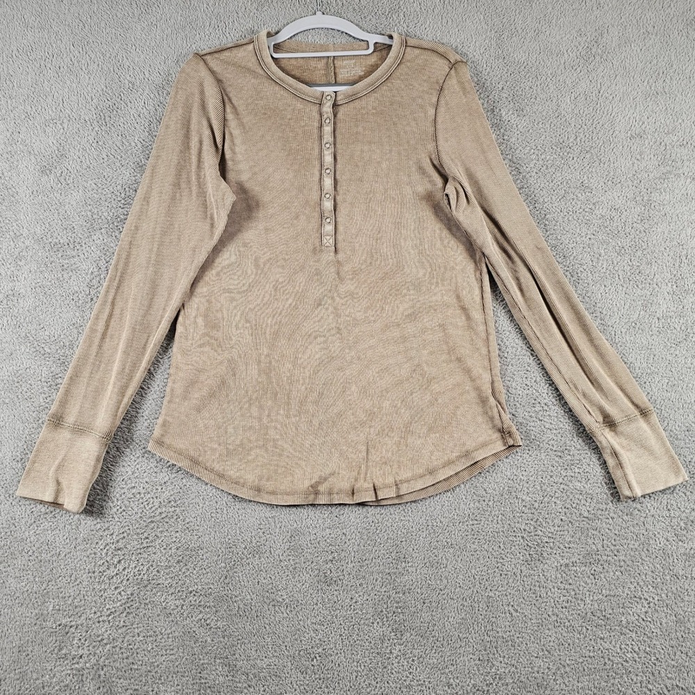 Aerie Henley Top Womens Large Tan Ribbed Long Sleeve Snap Button Curved Hem